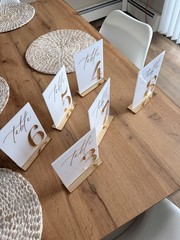 Acrylic Wedding Table Numbers 1-20 with Number 1-20, 5″x7″ White and Gold Font