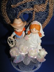 New Western Bride & Groom & Cowboy Hat, Rope Decored Heart Wedding Caketop, #132