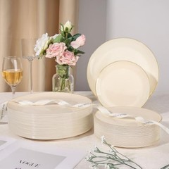 3PCS lvory Plastic Dinnerware Set – lvory and Gold Rim – Disposable 50 Ivory