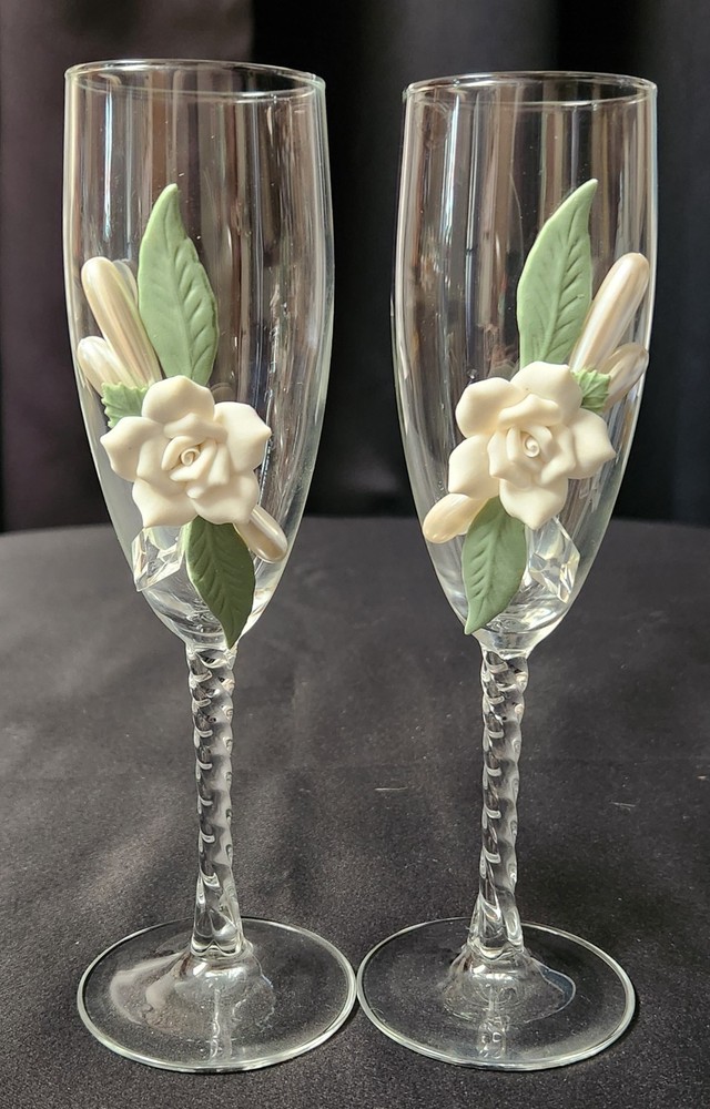 Lillian Rose White orcelain Rose Wedding Toasting Glass Flutes – Set of Two