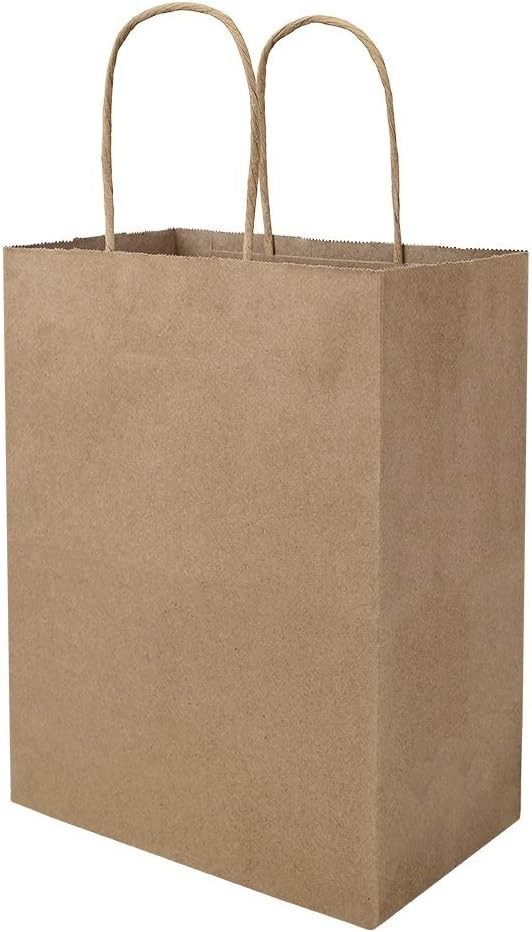 100 Pack 8×4.75×10 inch Plain Medium Paper Brown Kraft Bags with Handles Bulk