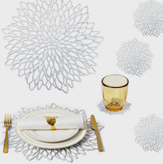 4 Silver Vinyl Placemats & 4 Matching Coasters, Table Decor, 8 Pc Set