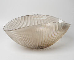 Murano Style Ribbed Taupe Art Glass Folded Shell Bowl 17″ Centerpiece