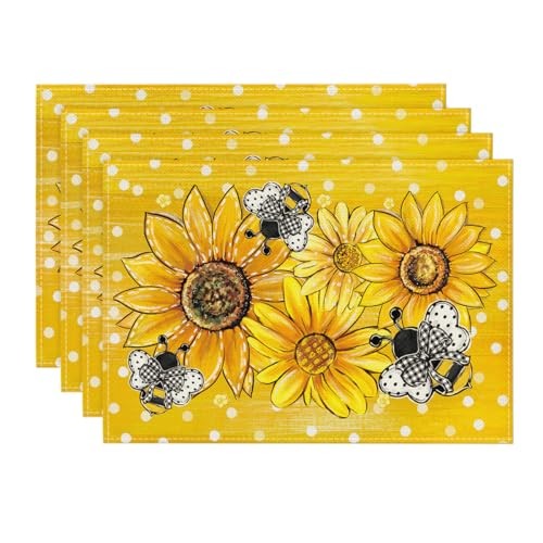 Sunflower Bee Flower Polka Dot Summer 12″ x 18″, Rectangular 4 Pcs Yellow