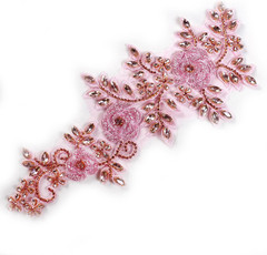 Light Pink Beaded Rose Flowers &Leaves Rhinestone Pair Applique for Prom Dress B