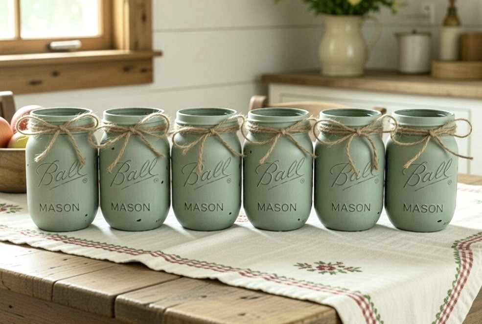 Set of 6 chalk sage green painted distressed mason jar vases…mix & match colors!