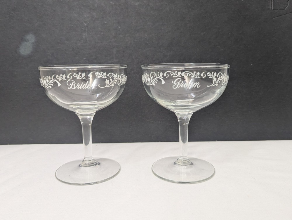 Vintage Bride & Groom Champagne Coupe Glasses Etched Scroll Wedding Toast Set