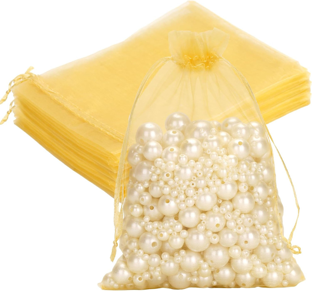 25PCS Gold Organza Bags 5×7 inches, Sheer Mesh Jewelry Pouches, Organza Gift Bag