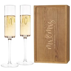 Mr and Mrs Champagne Flutes Set of 2 with Wooden Box