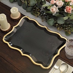 BLACK 10 Rectangle 14″ Paper SERVING TRAYS Scroll Design Gold Rim Party Events