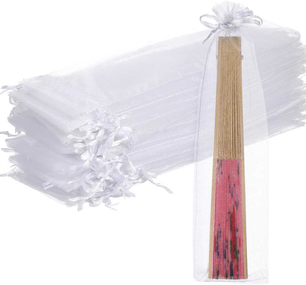 50Pcs White Organza Drawstring Bags for Folding Hand Fans Wedding Party Favor Ba