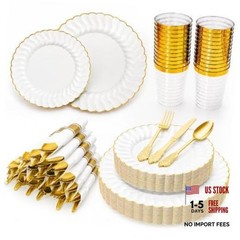175PCS White and Gold Plastic Plates Set – Heavy Duty Disposable Dinner Plates