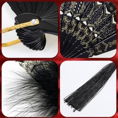 2 Pieces Feather Hand Fan Embroidered Flower Marabou 1920s Black