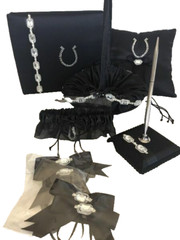 Black Satin Western Wedding Crystal Horseshoe Accessory 6 Piece Set
