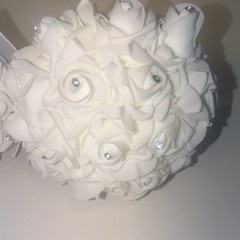 2x Artificial White Rose Wedding Bouquets w/ Silver Satin Ribbon & Rhinestones