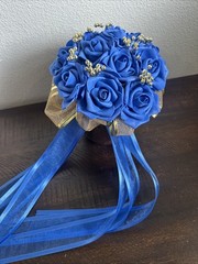 Royal Blue Foam Rose Bouquet Gold Ribbon Accents Wedding Prom Quinceañera Ramo