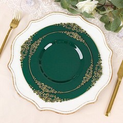 10 HUNTER GREEN GOLD 8″ Round Plastic Salad Dinner PLATES Embossed Baroque Rim