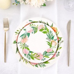 25 White 7″ Round Paper Plates with Flower Wreath Design Disposable Tableware