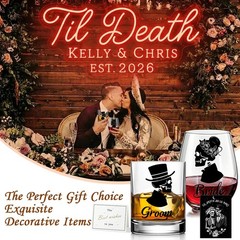 Skull Bride & Groom Wine Glass for Couples – Till Death Do 19oz, Transparent