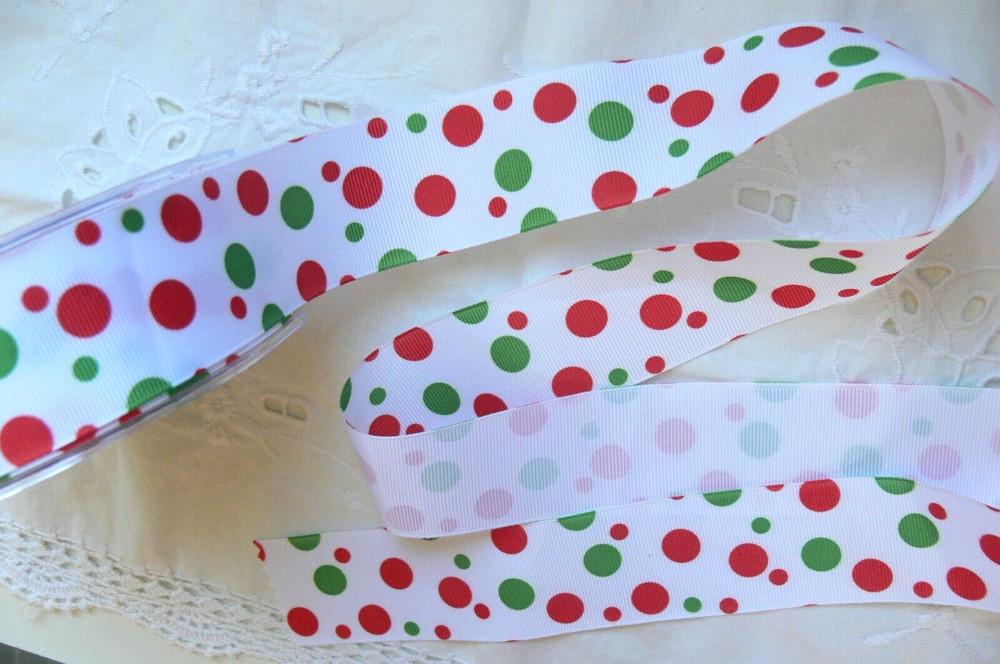 WHITE with RED & GREEN Random Spots Grosgrain 100% Poly 9Met 38mmW MayArts BRD1