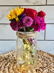 Lighted Mason Jar Vase with Fairy Lights, Rustic Floral Centerpiece