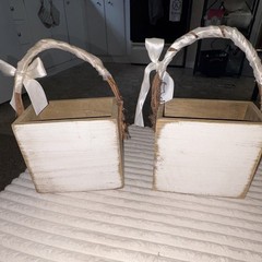 2 Wood Wedding Flower Baskets w/ Handles & White Bows Here Comes Bride
