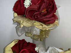 LOT OF 8 SILK Red Rose Wedding Bouquets with Gold Wired Ribbon & Gold & Shiny