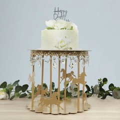 14″ Gold Metal Round Pedestal Cake Stand Carousel Design with Hanging Acrylic