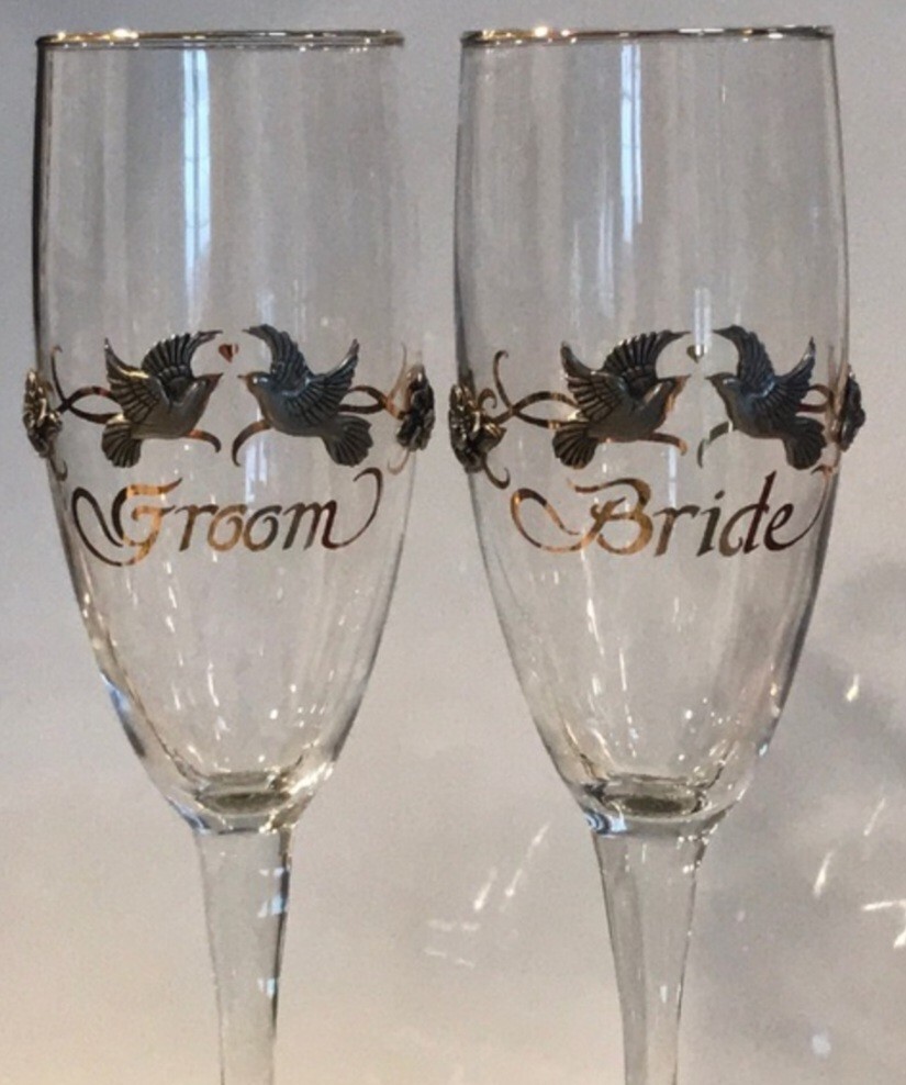 Rawcliffe Bride & Groom Chanpagne Flutes Pewter Doves Flowers Ribbons Gold Gild