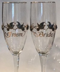 Rawcliffe Bride & Groom Chanpagne Flutes Pewter Doves Flowers Ribbons Gold Gild