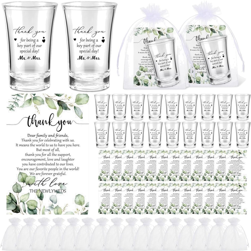 Cylindrical Shot Glasses Wedding Favors with Organza Bags and Thank You Cards