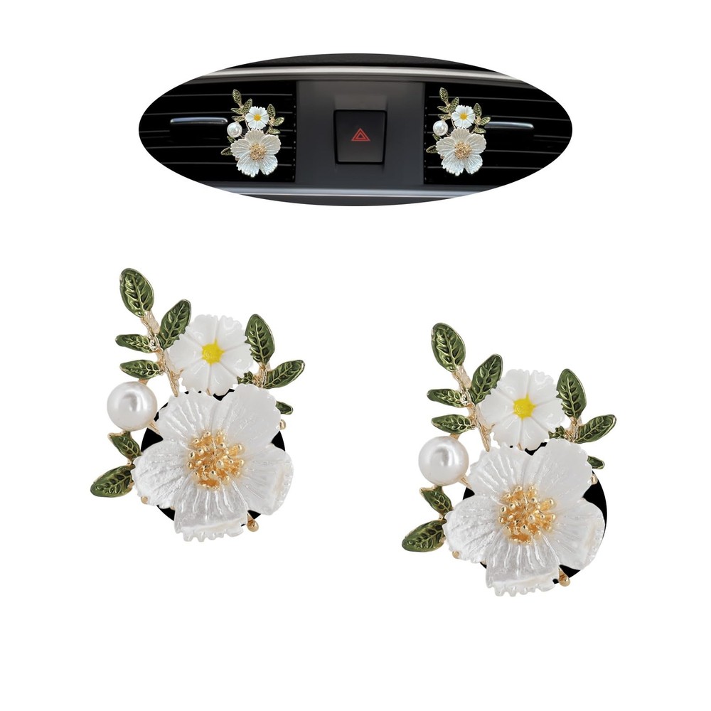 ORIESSE Flower Car Accessories,2pcs 1 Count (Pack of 2), White,Green,Gold