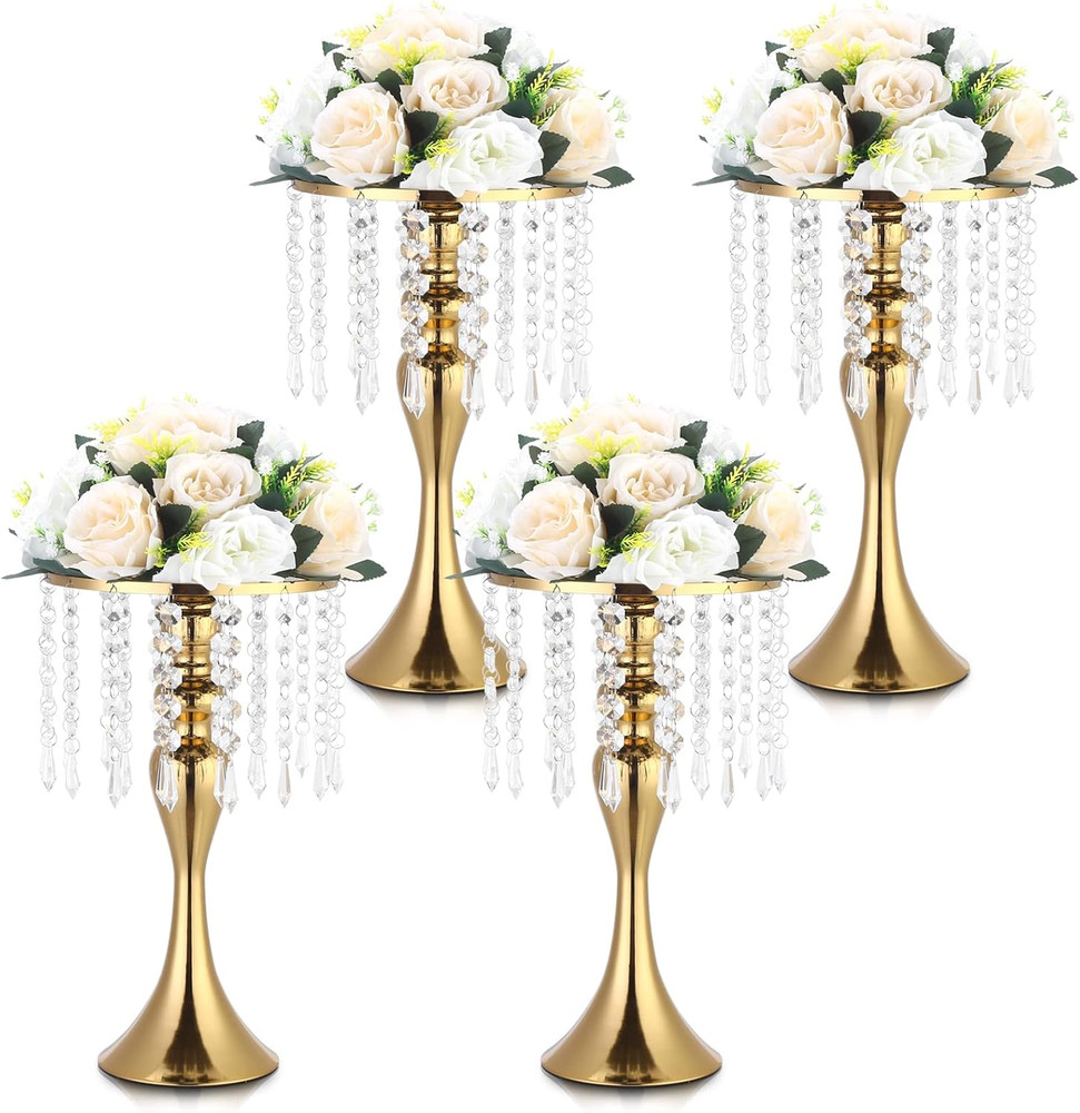 Elegant Gold Vases Set of 4 – 13.5″ Tall Crystal Flower Stands for Events