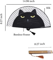 2 Pieces Cat Folding Fans Handheld with Bamboo Frame and Black Brown