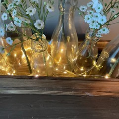 Farmhouse Decor Long Wooden Table Top Centerpiece w/11 Bottle Vases-Lighted