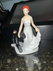 Red Haired Bride Pulling Hubby Wedding Topper
