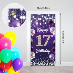 Happy 17th Birthday Backdrop Banner Purple Theme Background with Shiny Diamon…