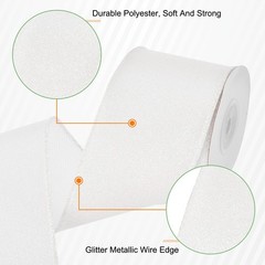 2.5 Inch Glitter Wired Ribbon, White Sparkly Iridescent Ribbon 5 Yard