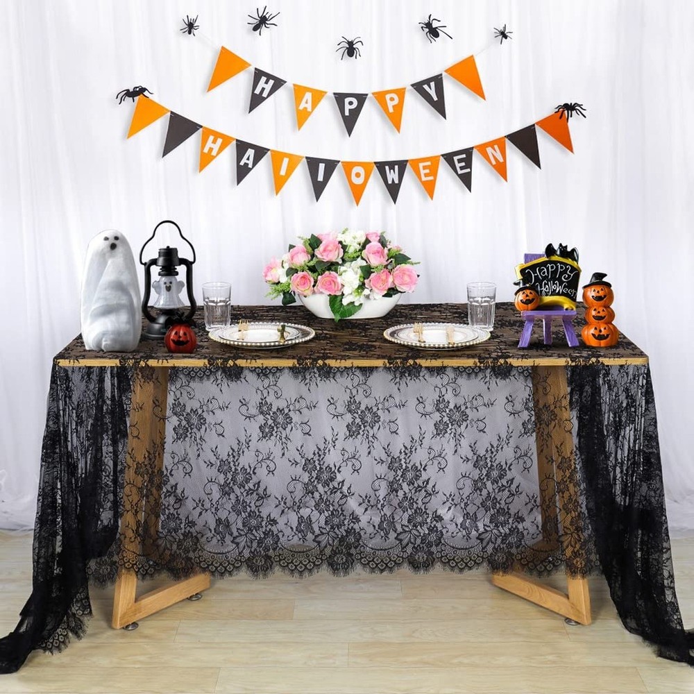 Pardecor Lace Tablecloth Rectangular 60×120 Inch Black Embroidered Lace Table…