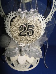 New 25th Wedding Anniversary Double Heart & Bells, silver flowers caketop #46