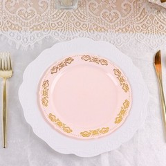 8″ Blush Round Salad Plates Gold Trim Party Wedding Disposable Tableware