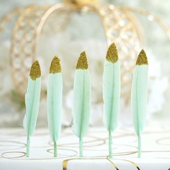 90 MINT GREEN Glittered Gold Tip Natural Turkey Feathers Wedding Decorations