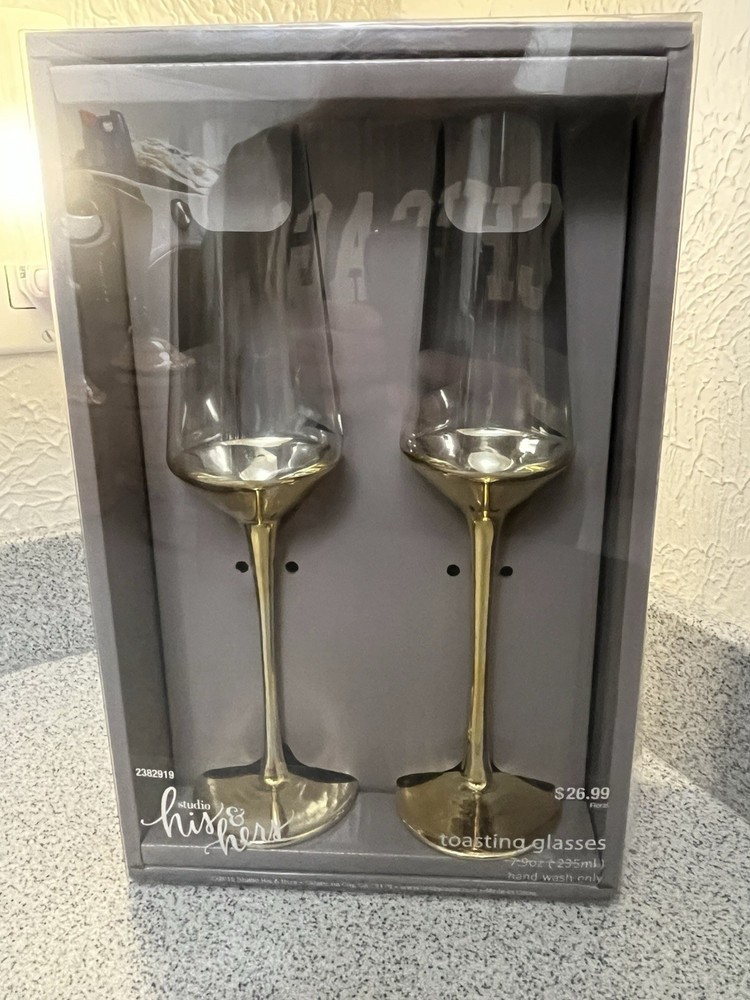 Studio His & Hers Gold Toasting Glasses Set Wedding Champagne Flutes NIB