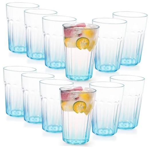 Unbreakable Plastic Drinking Glasses Set of 12, BPA-Free Reusable Clear Blue