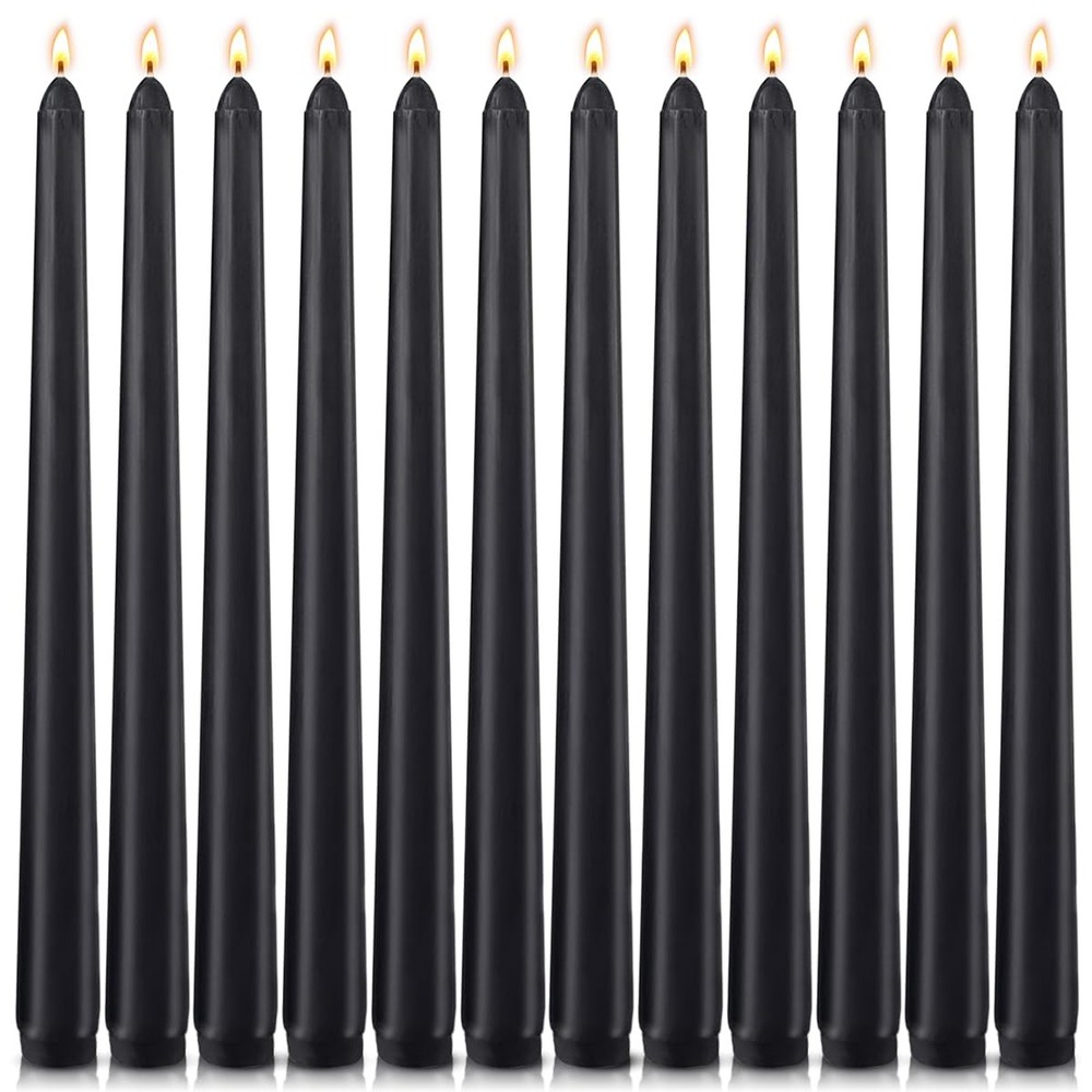 12-Pack Black Taper Candles, 10 Inch Unscented Dripless Candlesticks,