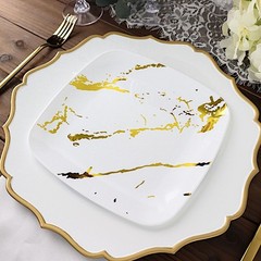 10 WHITE GOLD Square Metallic Marble Plastic Salad DINNER PLATES Party Tableware