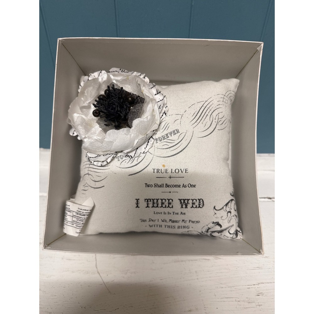 Wedding Ring Pillow I Thee Wed True Love Forever Floral Accent white w/ black