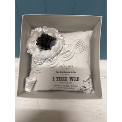 Wedding Ring Pillow I Thee Wed True Love Forever Floral Accent white w/ black