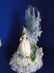 New Vintage Bride & Groom in white coat Wedding Caketop in Blue #267