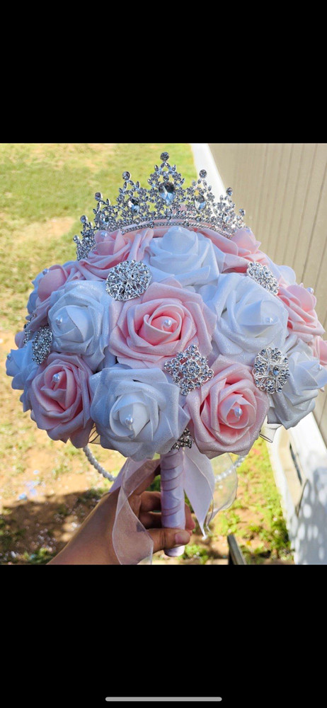 Artificial Pink & White Rose Wedding Bouquet with Tiara & Rhinestones